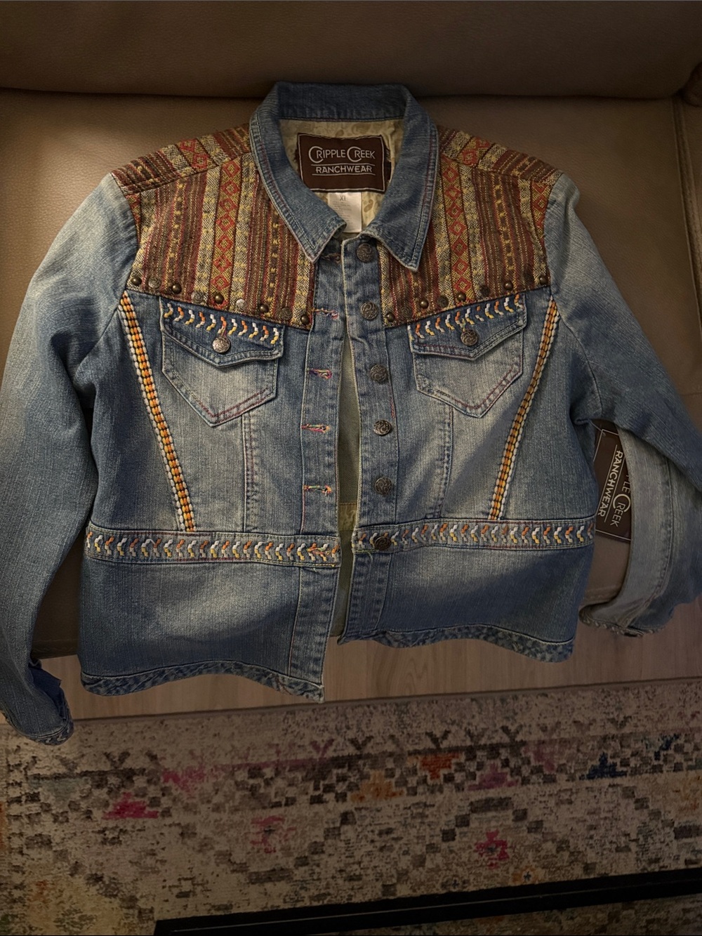 Cripple Creek Women's Blue Denim Jacket with Embroidered Tribal Yoke